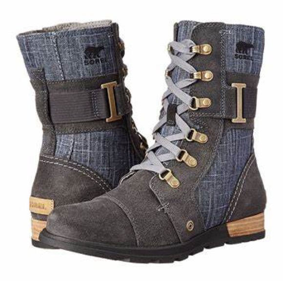 Sorel Major Carly Flat Combat Boots in Graphite and Blue - Picture 1 of 8